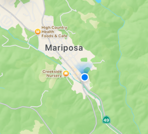 Map of Mariposa, California showing downtown area near Highway 49, gateway to Yosemite National Park — day trip destination from Fresno, CA