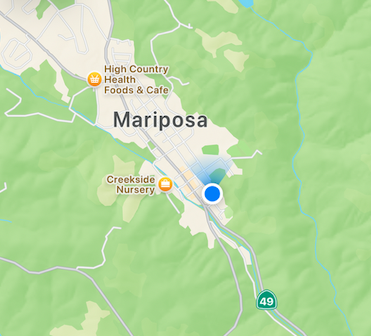 Map of Mariposa, California showing downtown area near Highway 49, gateway to Yosemite National Park — day trip destination from Fresno, CA